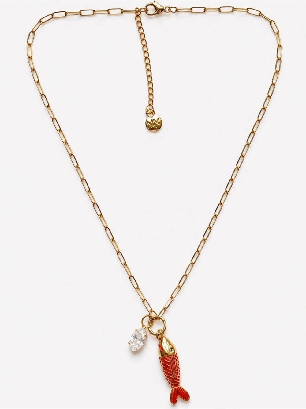 Gold Plated Chain Necklace with Red Fish Charm and CZ NWOT